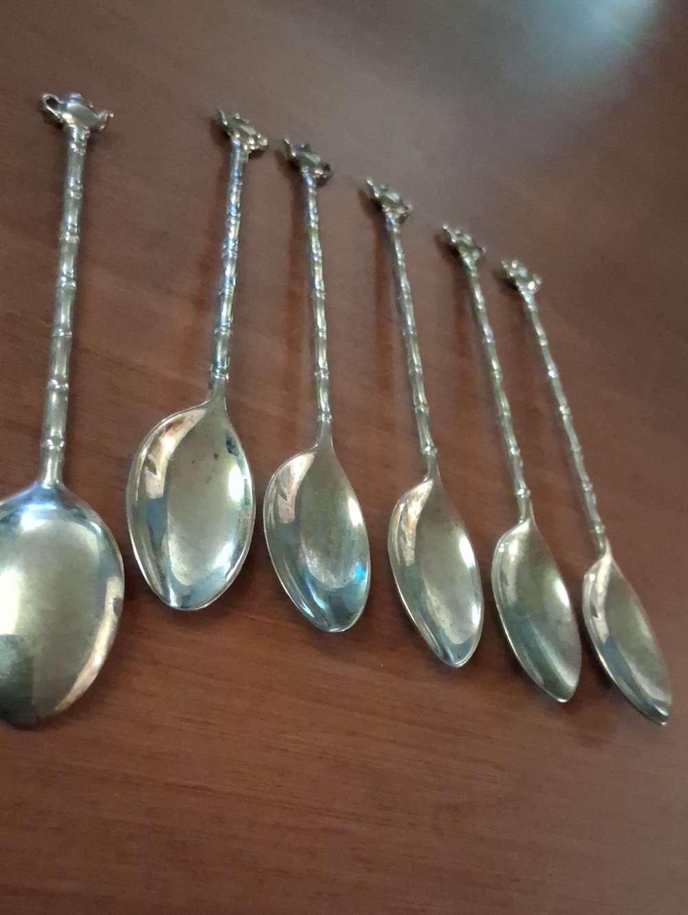 Vintage 6 Silver Metal Tea Coffee Sugar Spoons Bamboo Look Stems Teapot Ends